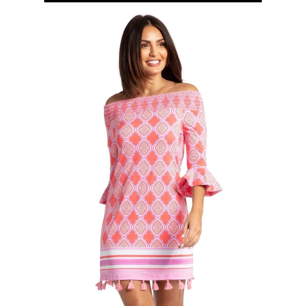Cabana Life Coral Geo Coverluxe Dress Off Shoulder Tassel Mini Medium NEW
